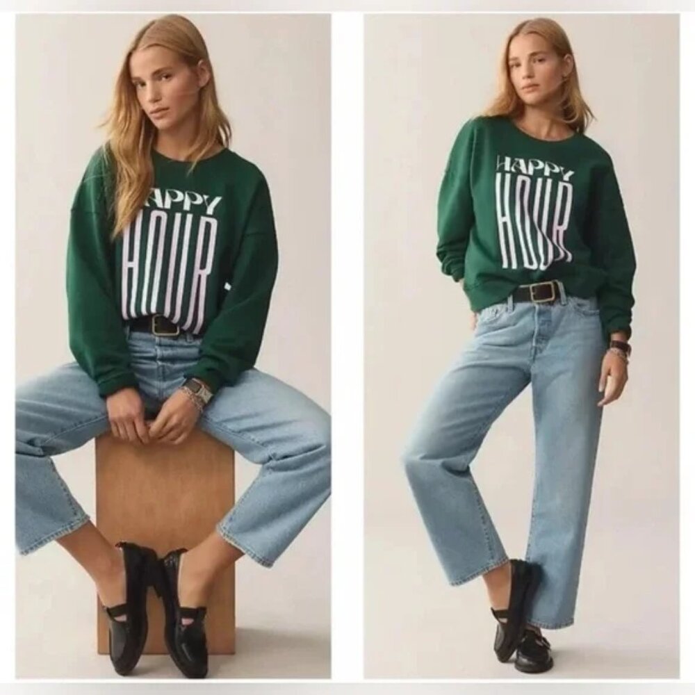 Maeve X Jordan Nickson "Happy Hour" 100% Cotton Graphic Sweatshirt Size Large